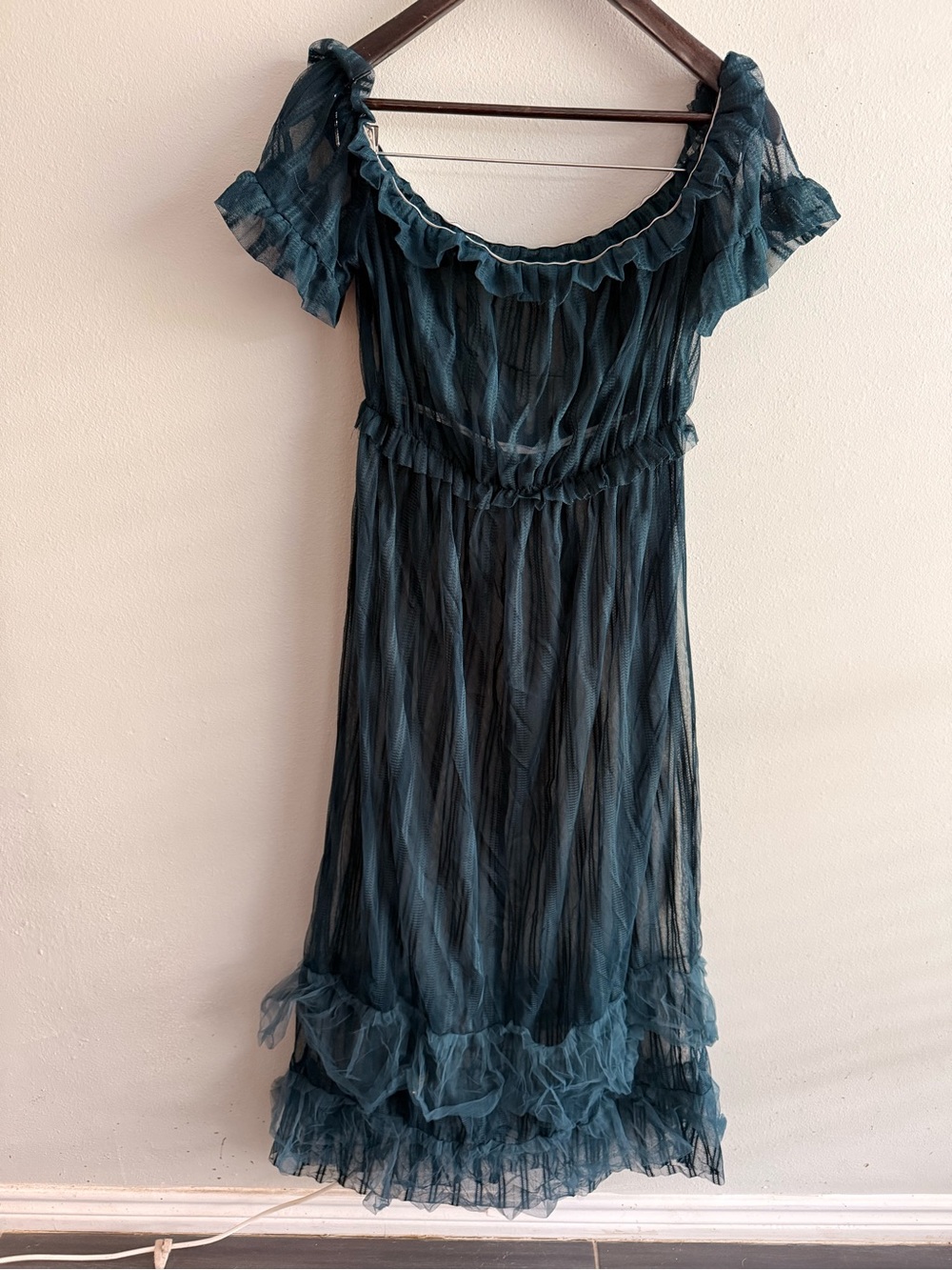 Teal Ruffled Off-Shoulder Maxi Dress